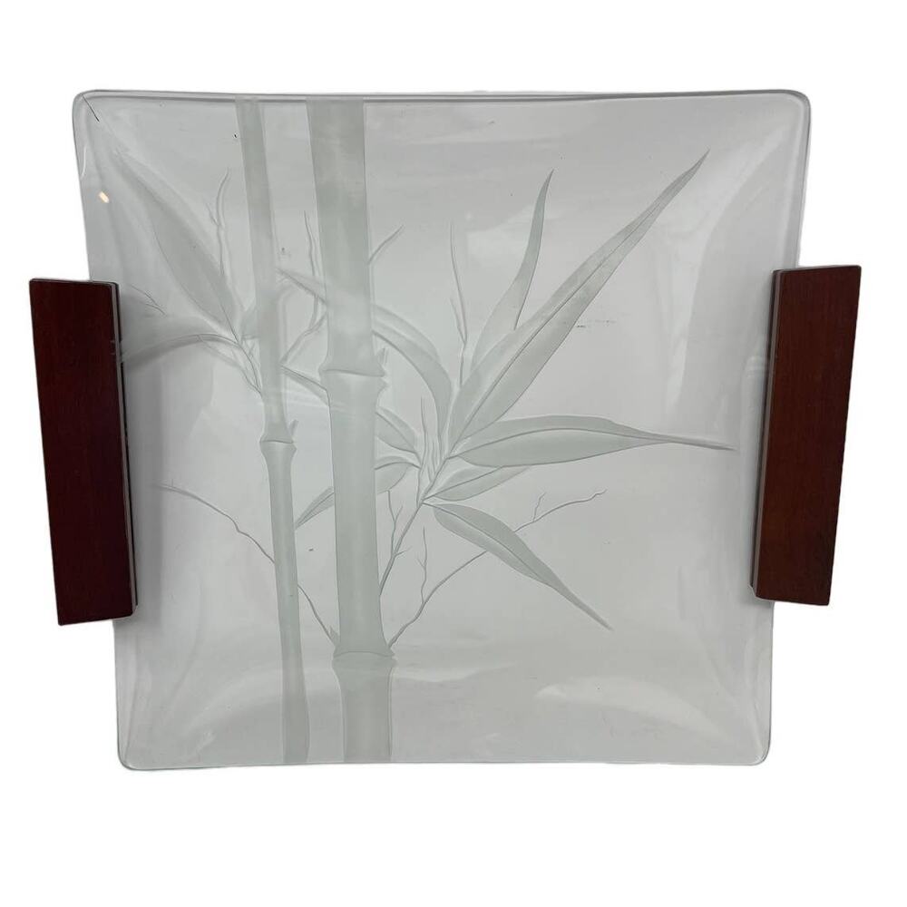 Vtg Dorothy Thorpe MCM Etched Glass Serving Tray Bamboo Koa Wood Morri Hawaii